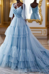 A Line V Neck New Style Tiered Long Tulle Semi Formal Prom Dress, Evening Gown with Flower